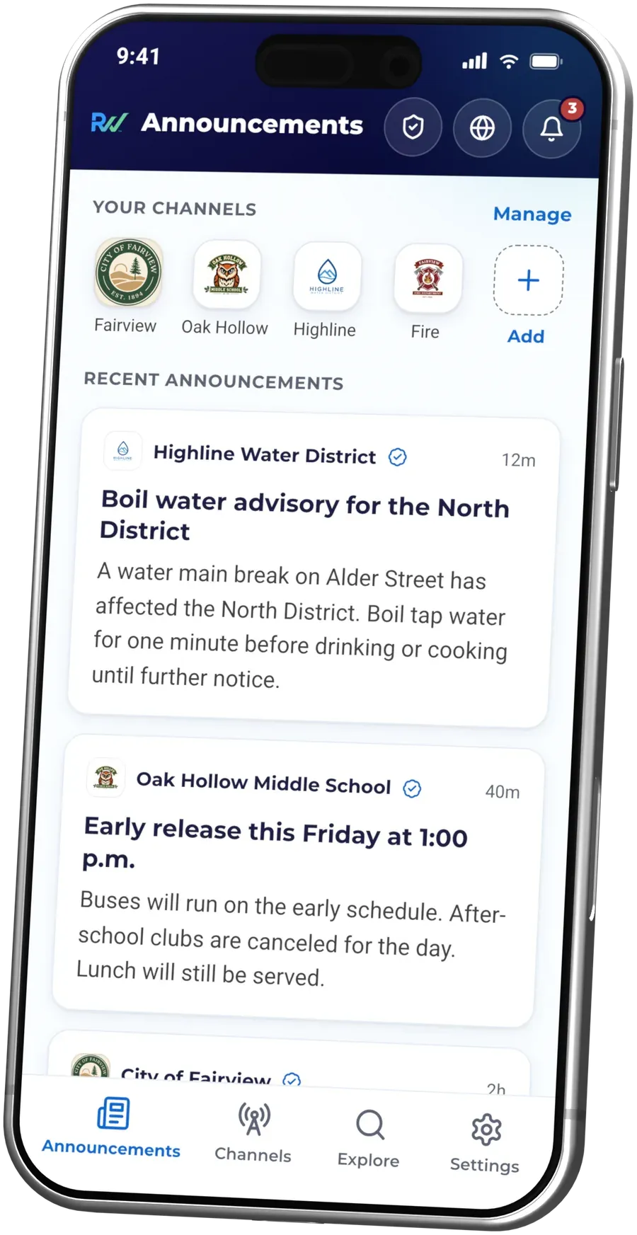 The ReachWell app announcements feed with recent official updates from local agencies