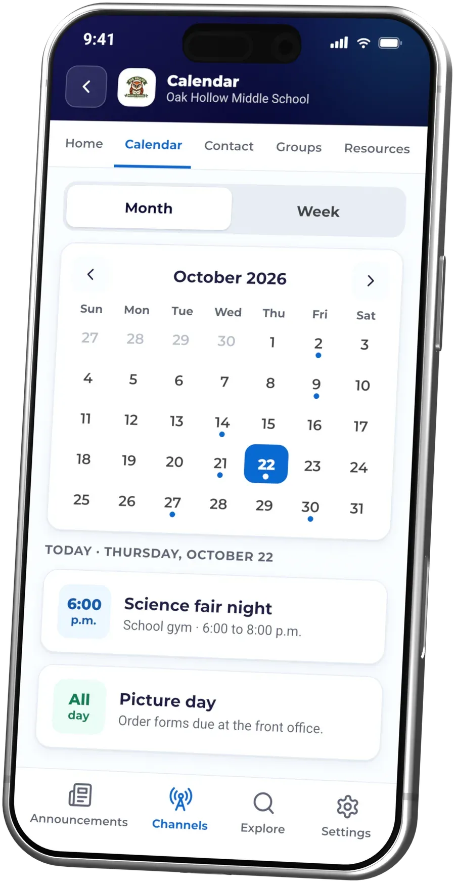 A school's event calendar in the ReachWell app
