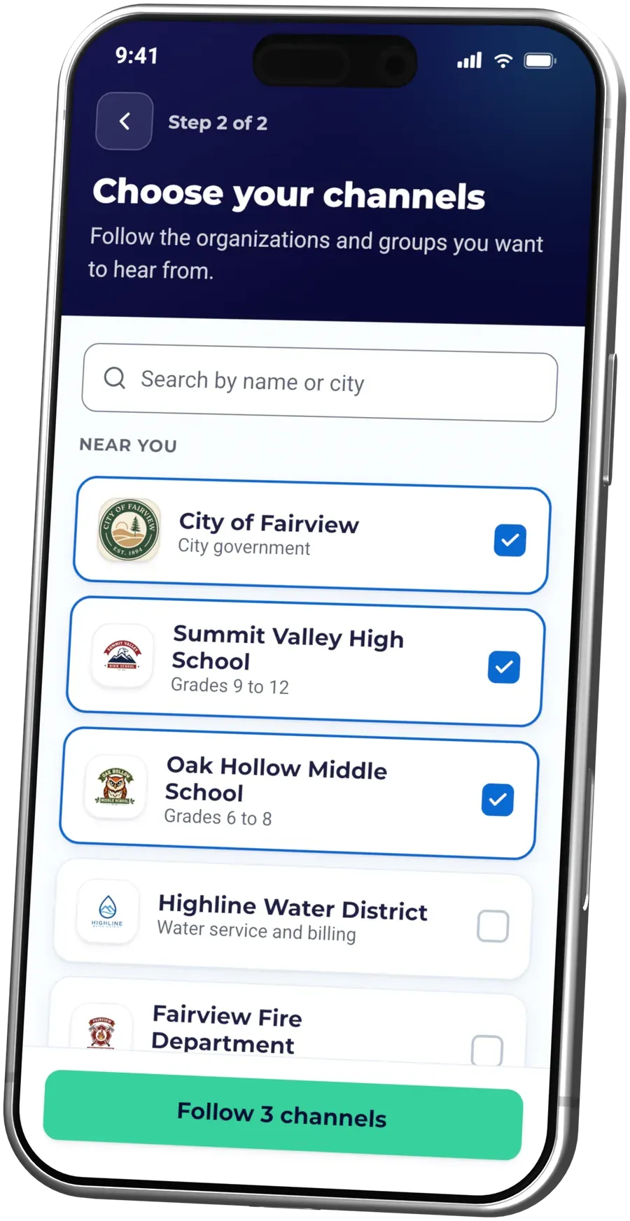 Choosing which local organizations to follow in the ReachWell app