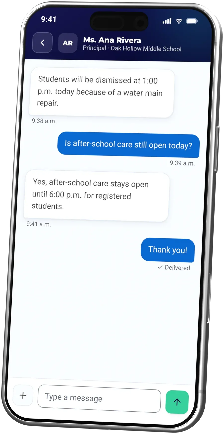 Two-way messaging in the ReachWell app between a resident and a school principal