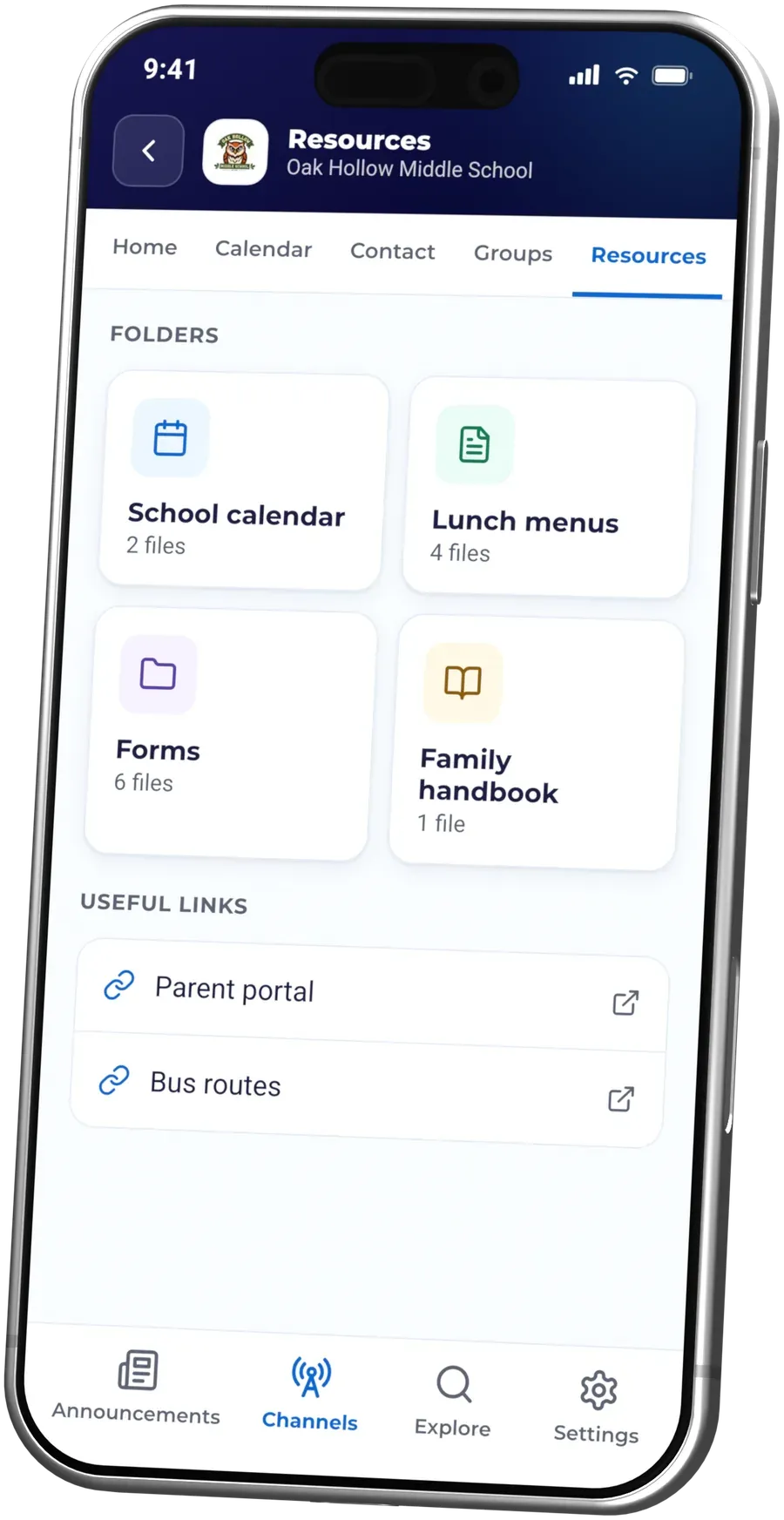 A school's resources in the ReachWell app, including the calendar, lunch menus, forms, and family handbook