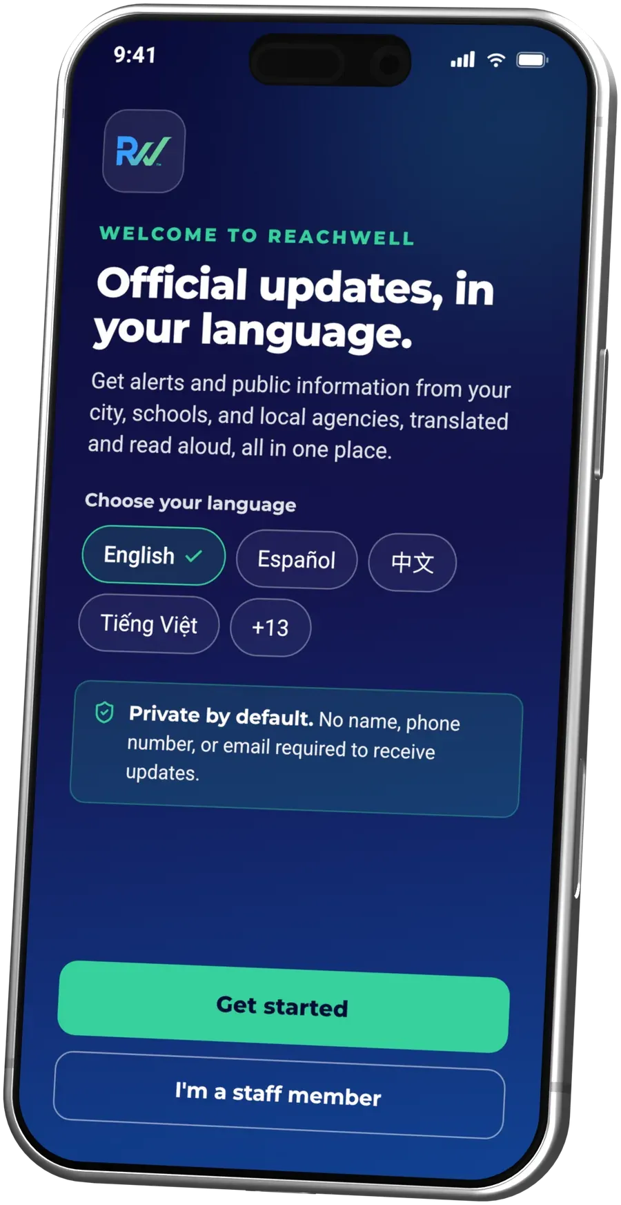 The ReachWell app welcome screen, where a resident chooses their language