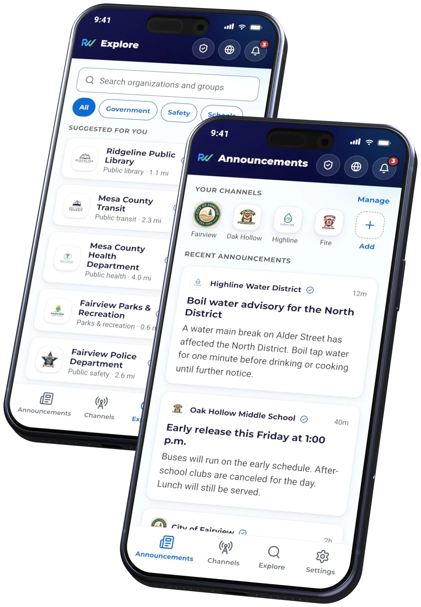 The ReachWell resident app on two phones: a resident exploring and following local organizations, and the announcements feed with recent official updates from the City of Fairview, Highline Water District, and Oak Hollow Middle School