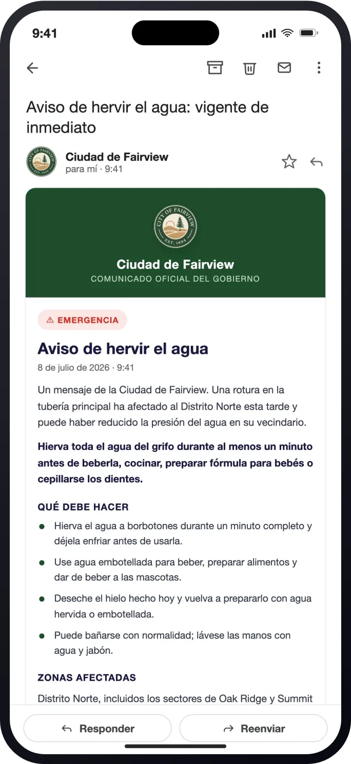 A City of Fairview boil-water alert received in Gmail on a phone, auto-translated into Spanish