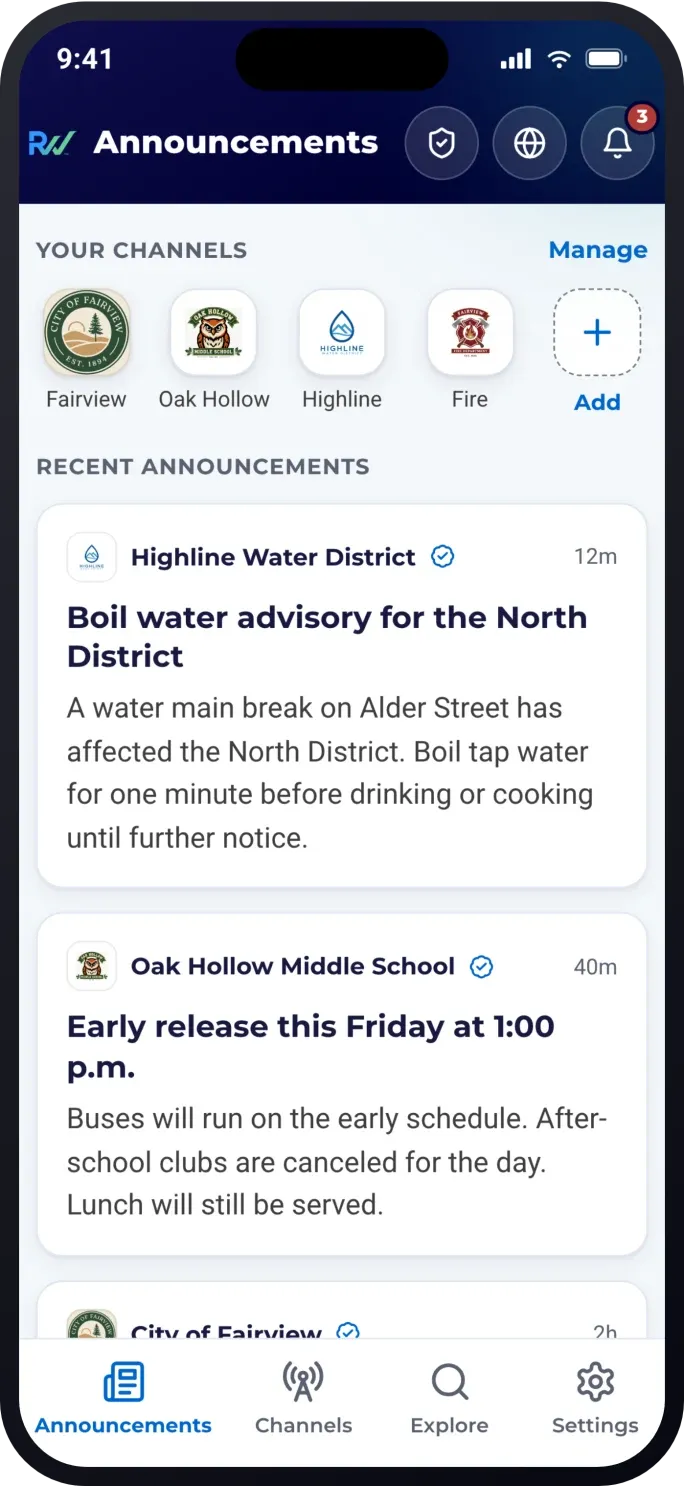 The ReachWell resident app announcements feed, showing a resident's followed channels and recent official updates from local agencies