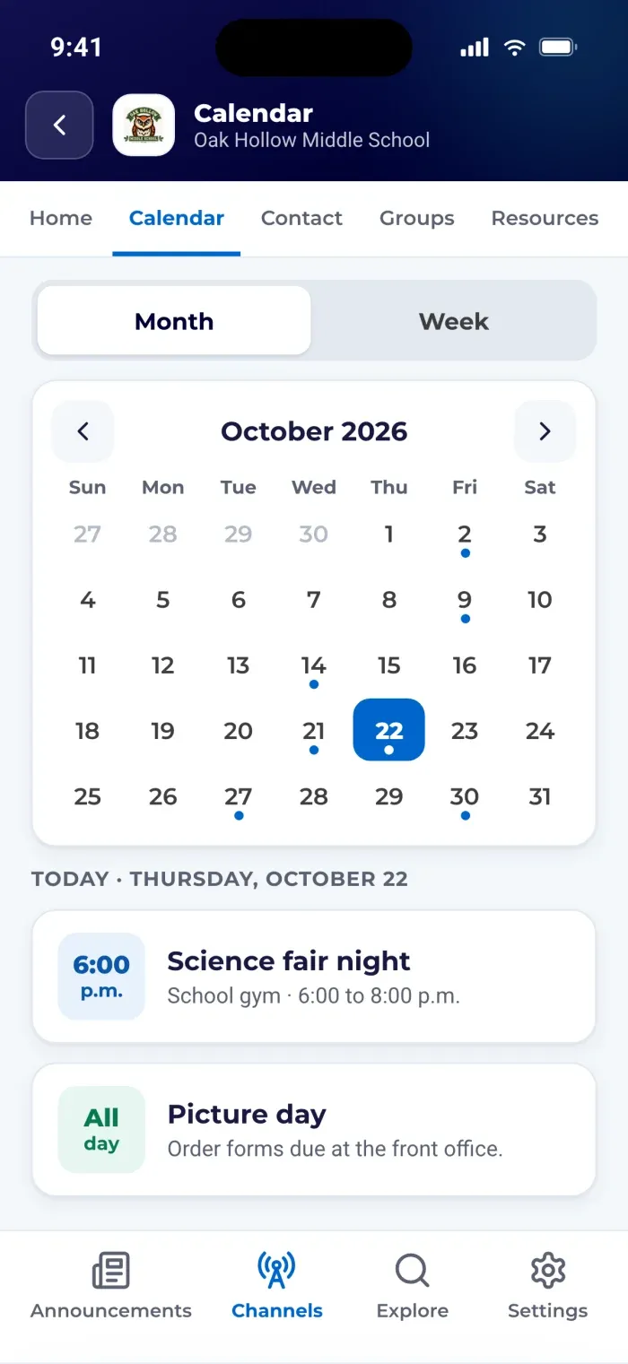 A school's event calendar in the ReachWell app