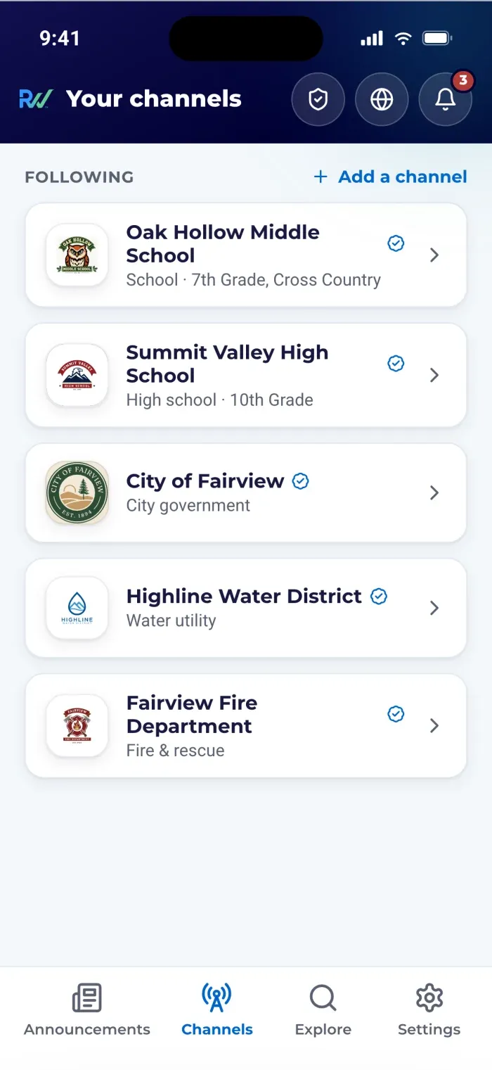 The ReachWell resident app showing a resident's followed channels across their city, schools, and local services