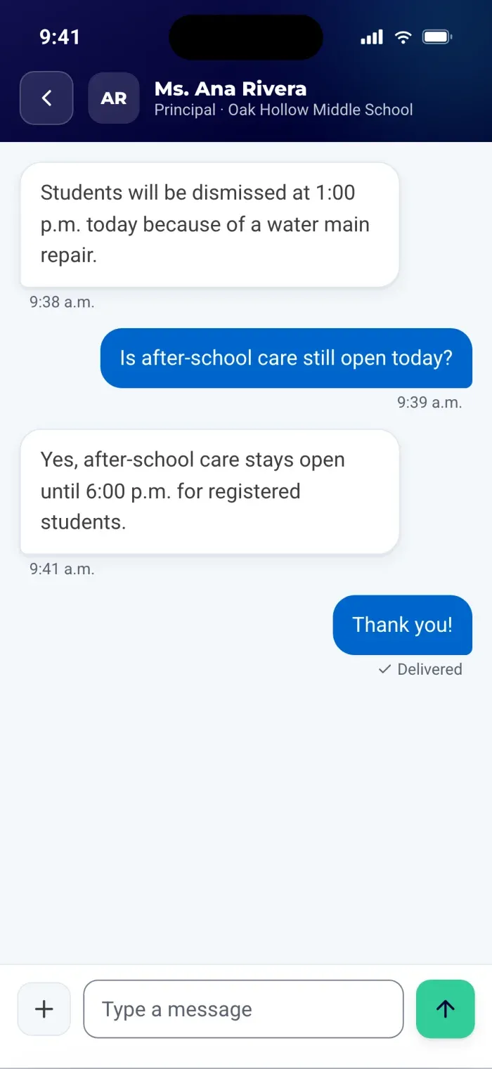 Two-way messaging in the ReachWell app between a resident and a school principal