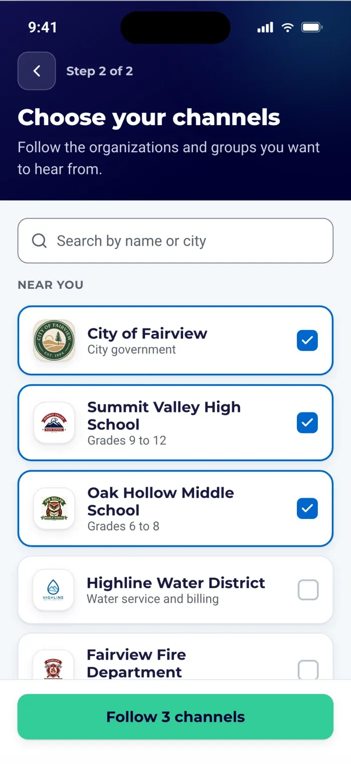Choosing which local organizations to follow in the ReachWell app