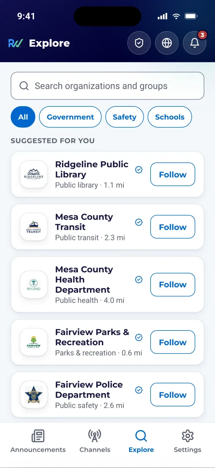 The ReachWell resident app Explore screen, where a resident discovers and follows nearby agencies like the public library, transit, health department, and parks and recreation