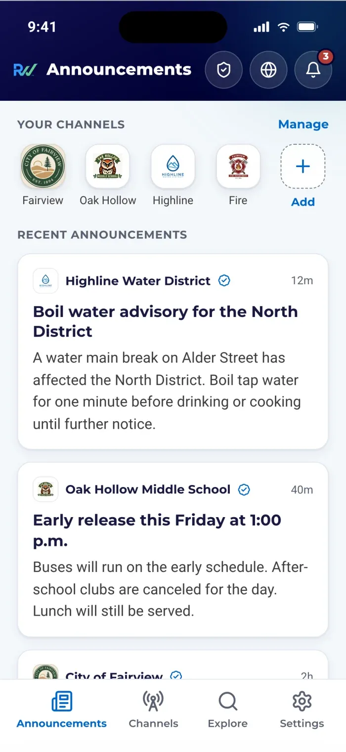 The ReachWell app announcements feed with recent official updates from local agencies
