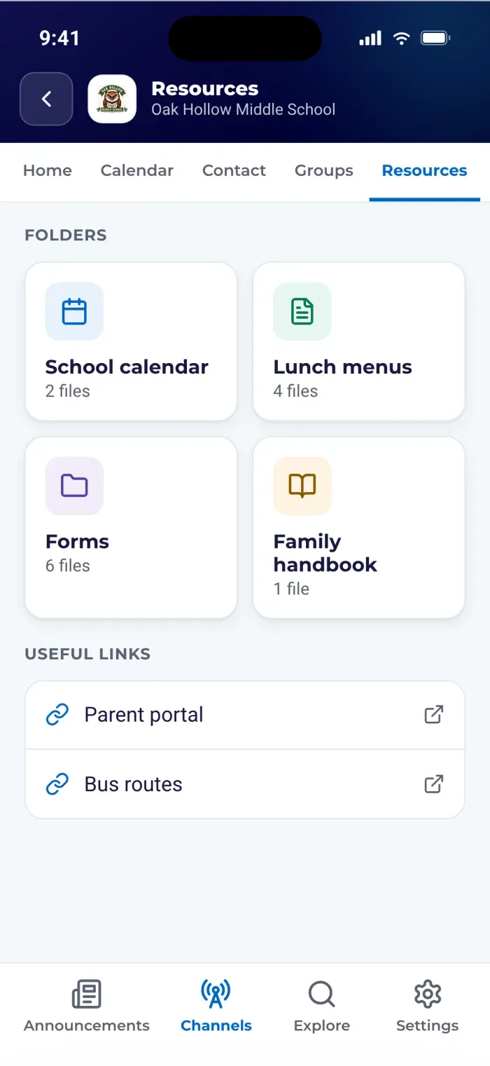 A school's resources in the ReachWell app, including the calendar, lunch menus, forms, and family handbook