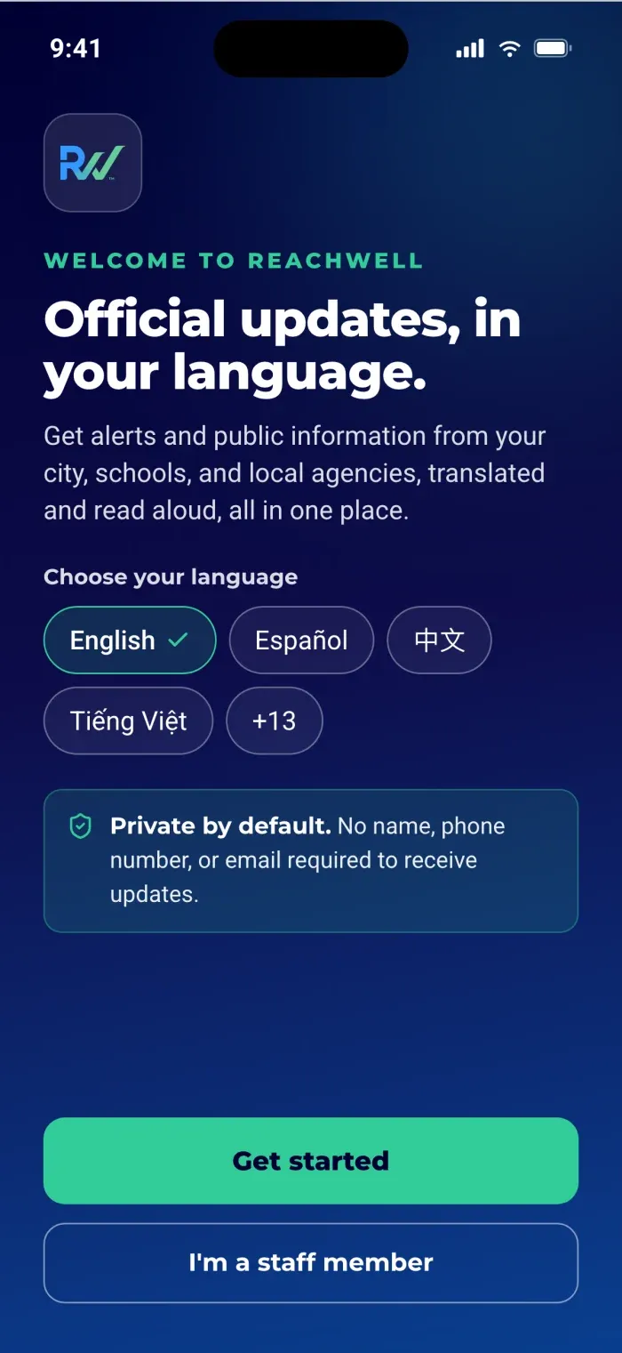 The ReachWell app welcome screen, where a resident chooses their language