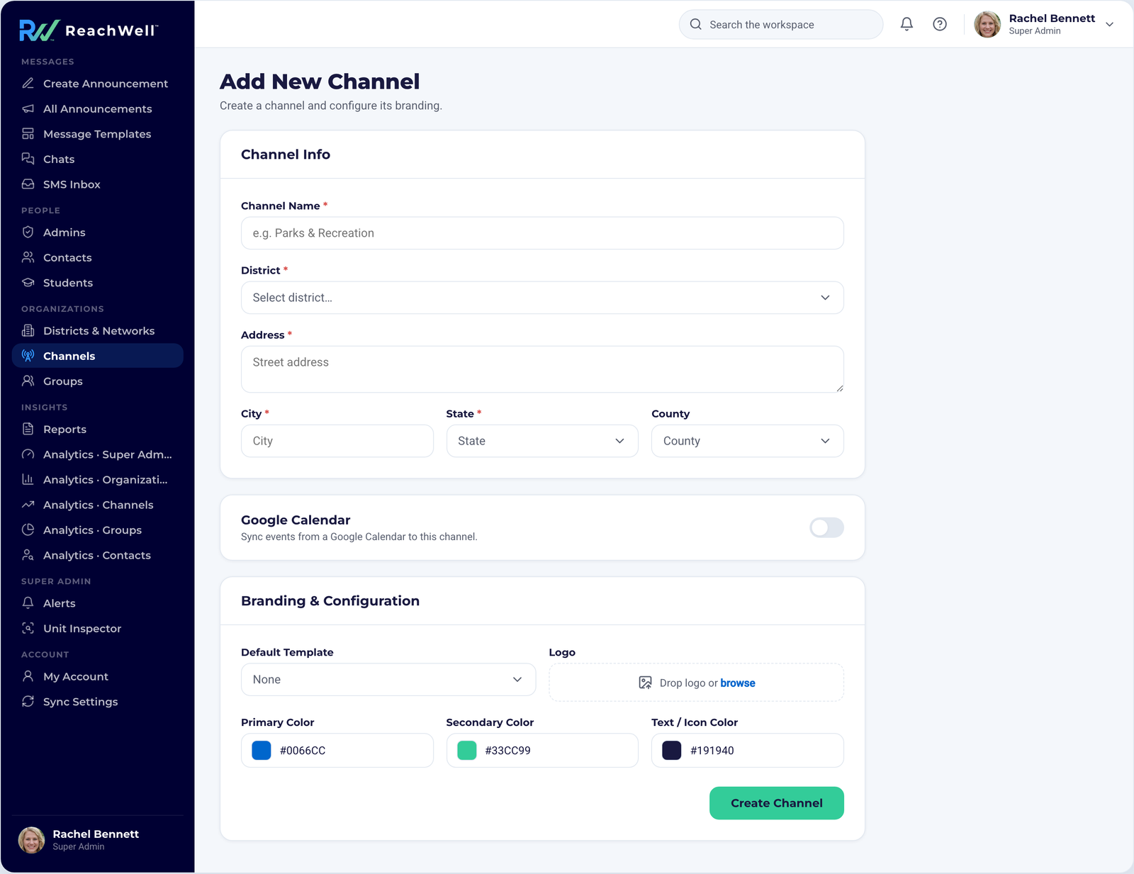 ReachWell admin platform, Add a Channel screen