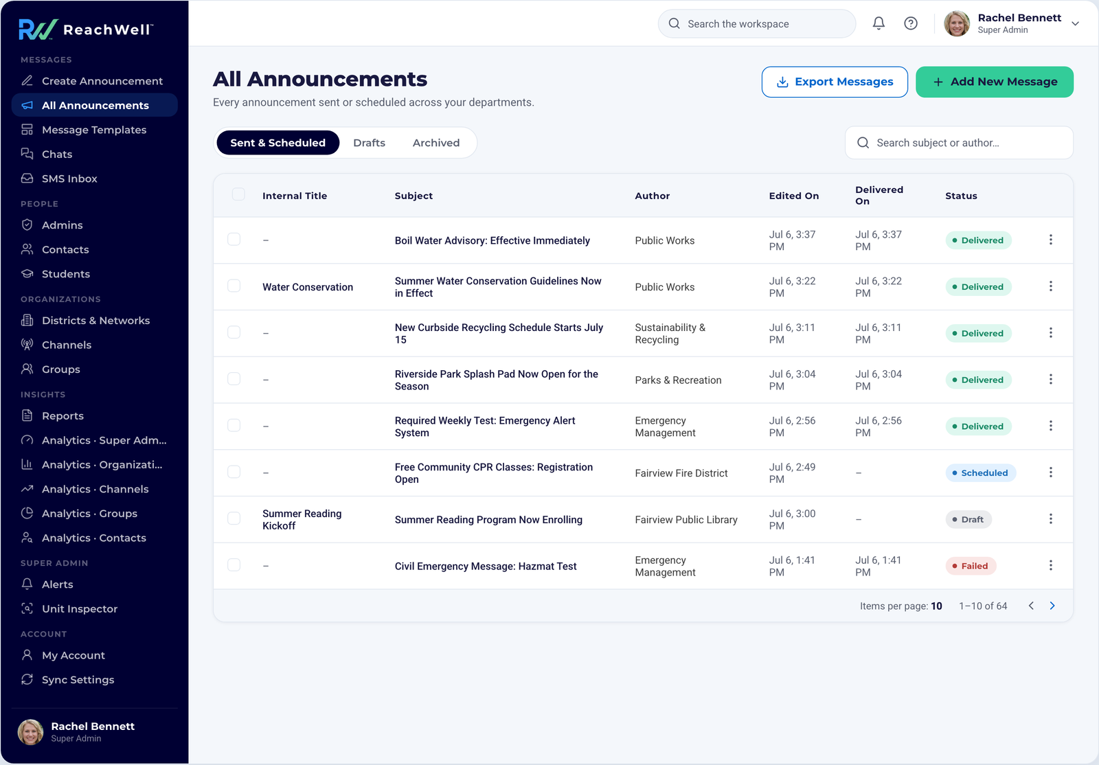 ReachWell admin platform, All Announcements screen