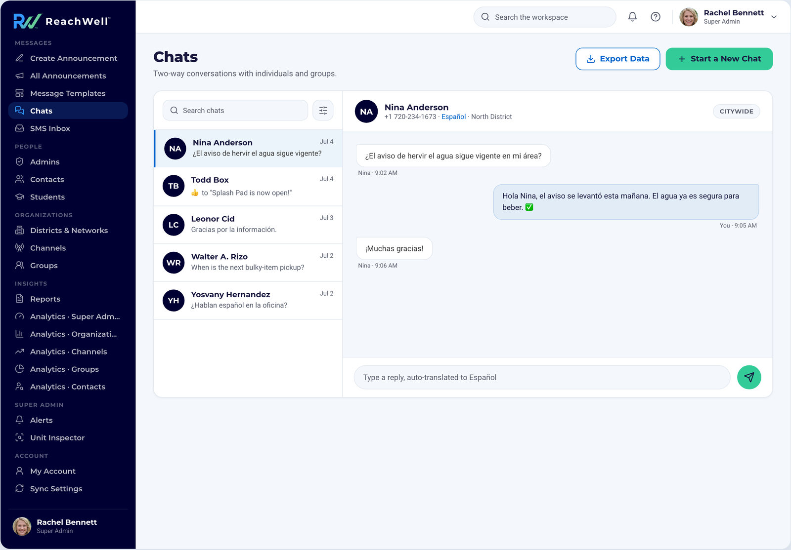 ReachWell admin platform, Chats screen