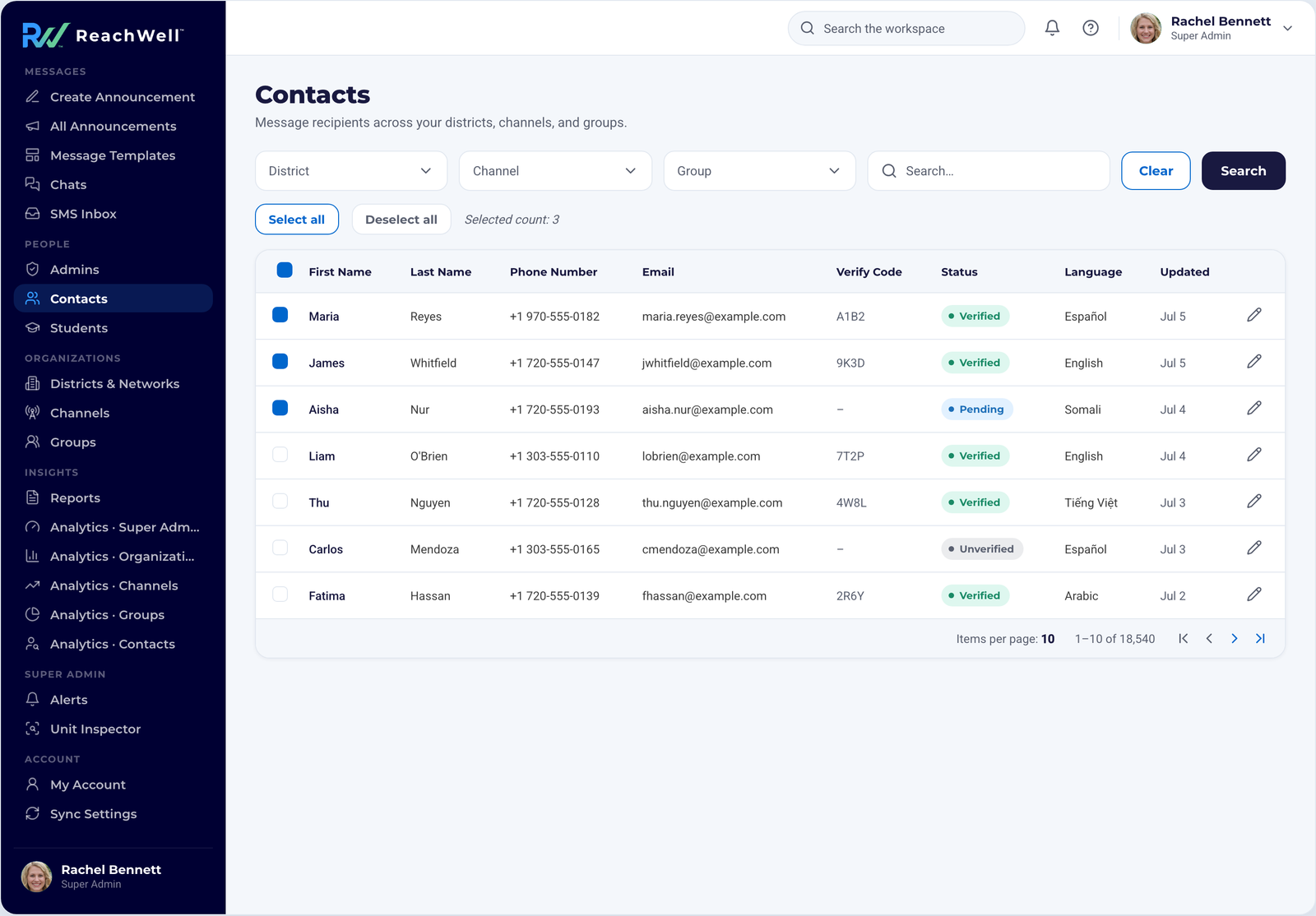 ReachWell admin platform, Contacts screen