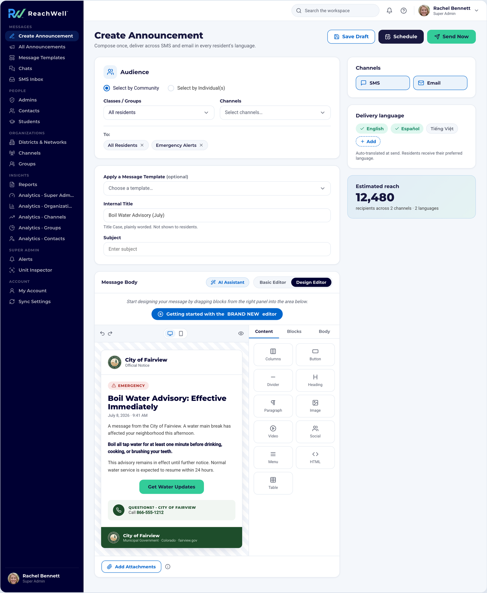 ReachWell admin platform, Create Announcement screen