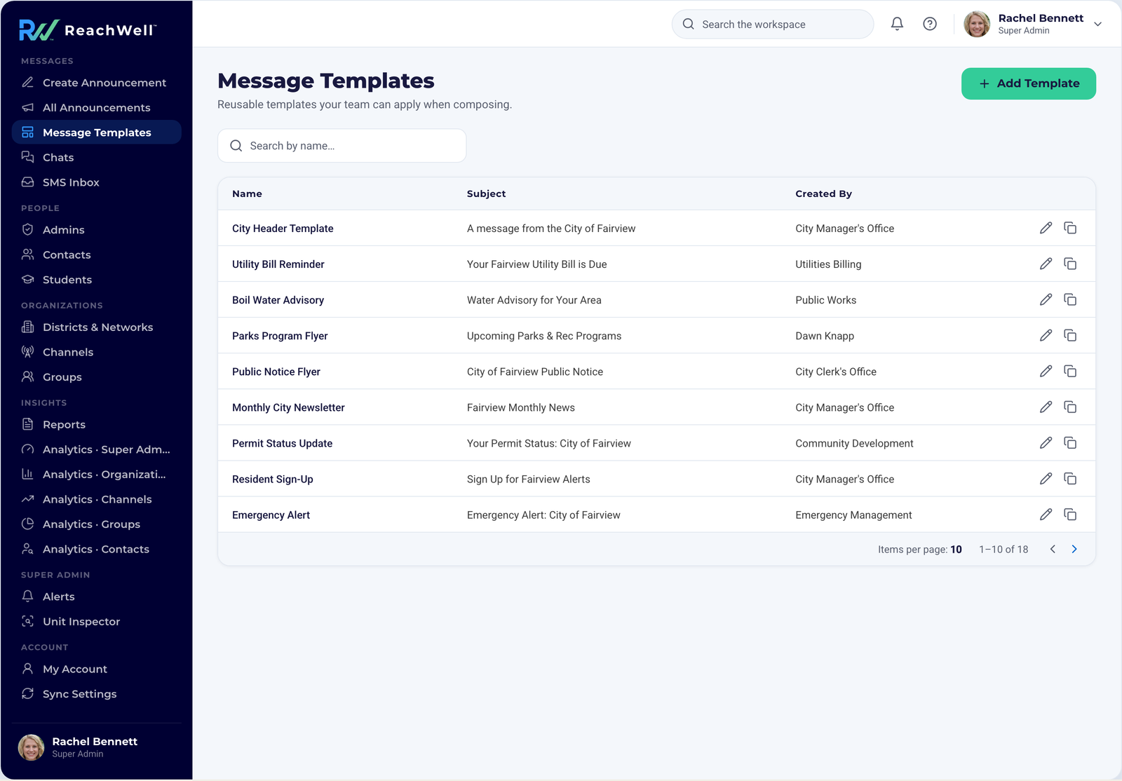 ReachWell admin platform, Message Templates screen