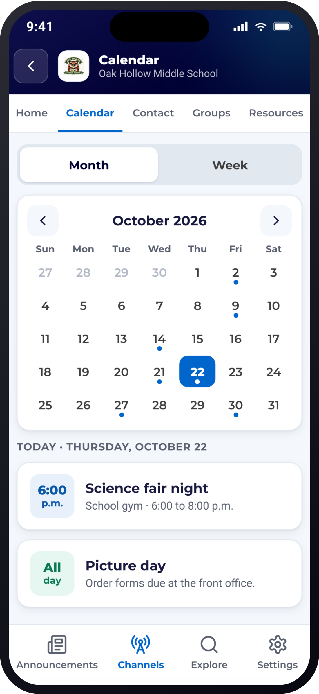 ReachWell resident app, Calendar screen