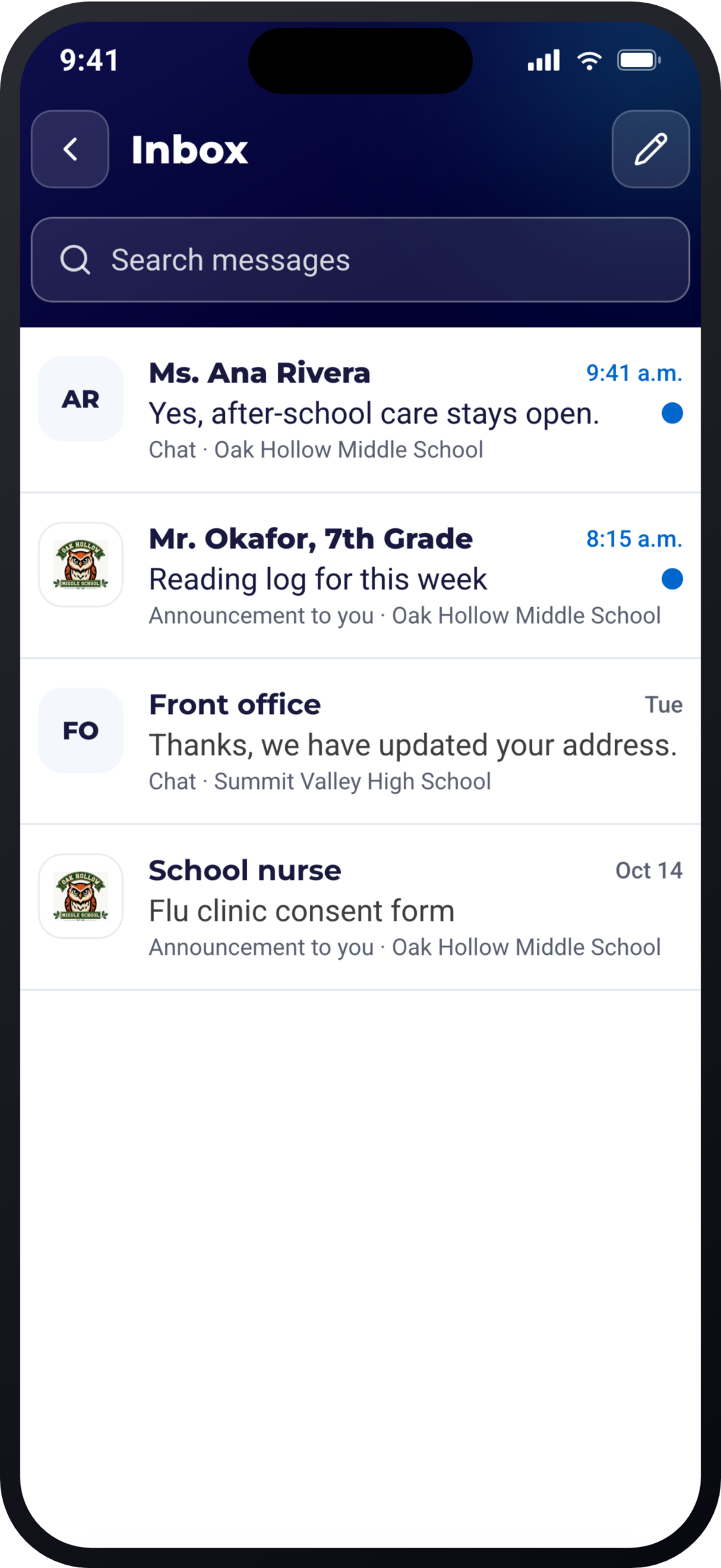 ReachWell resident app, Inbox screen