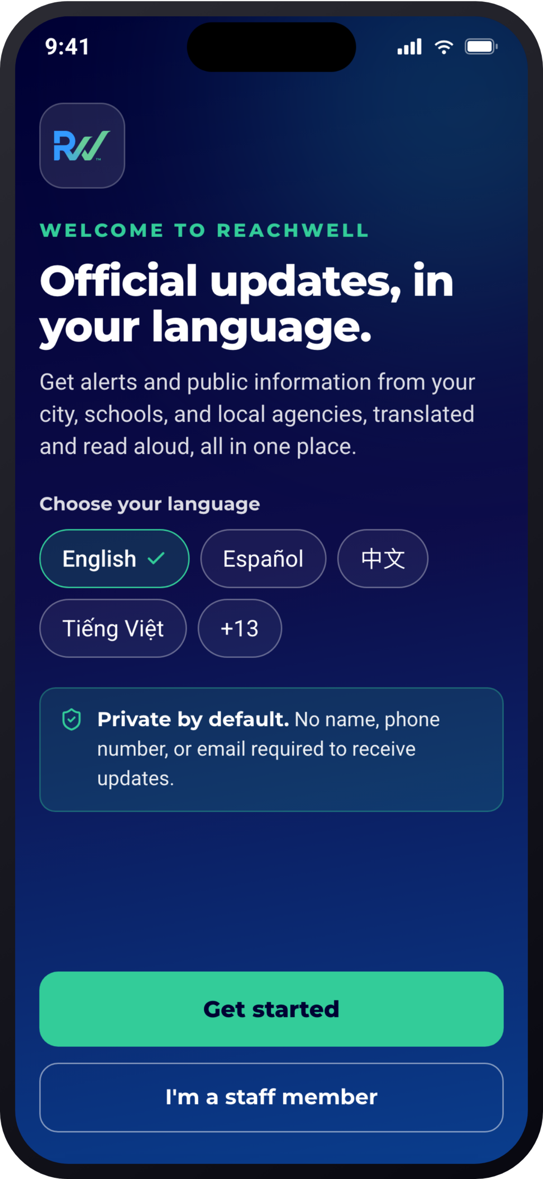 ReachWell resident app, Welcome screen